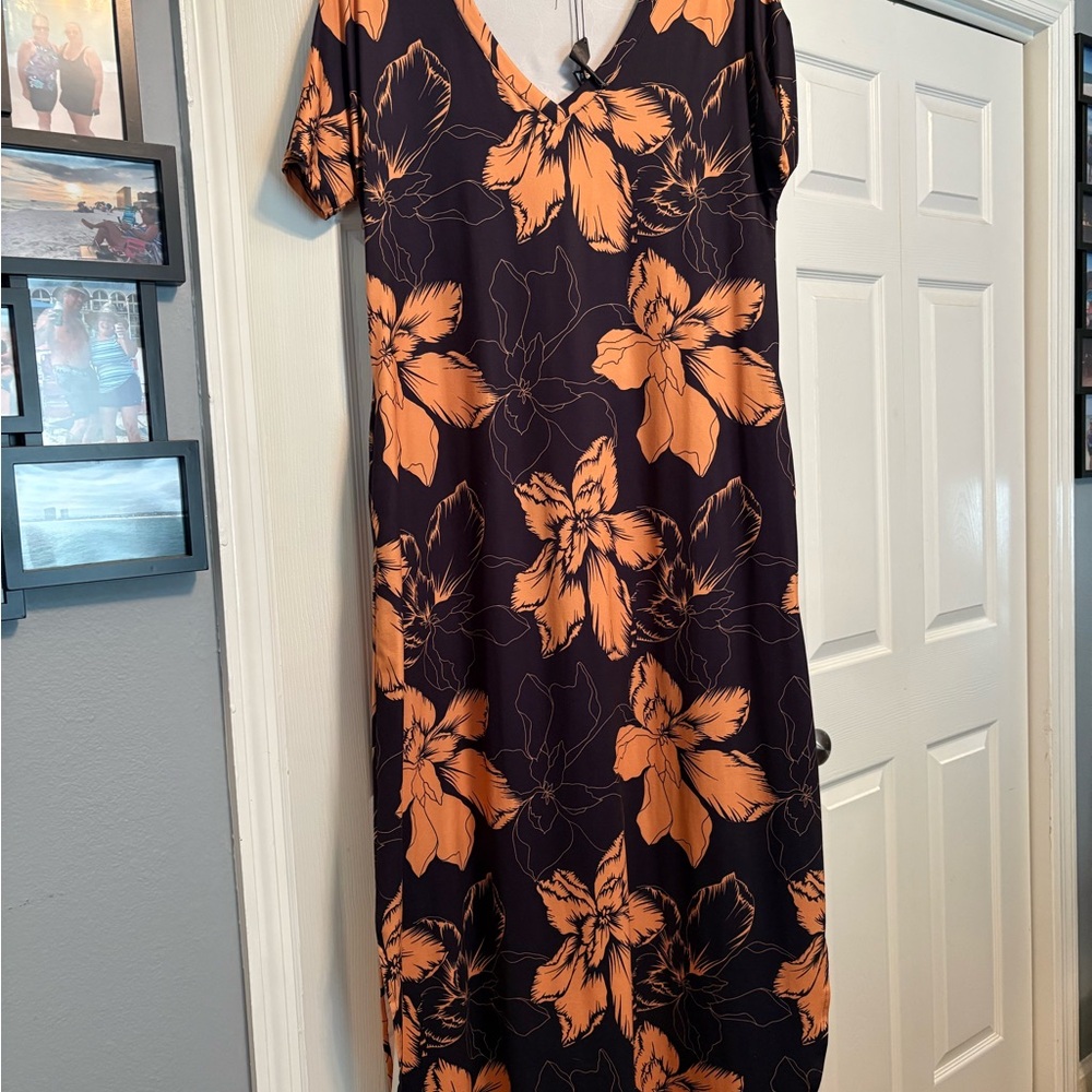 Women’s Floral V-Neck Maxi Dress in Orange and Black